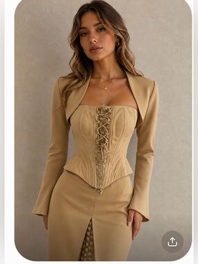 3 Piece Set: Skirt, Strapless Corset Top and Bolero in Champagne Beige